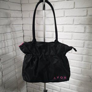Avon Logo Scrunch Top Black Lined Zipper Closure Travel Tote / Handbag
